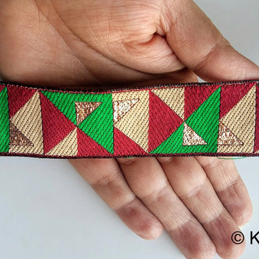 Green, Maroon Red, Beige And Gold Embroidered Trim